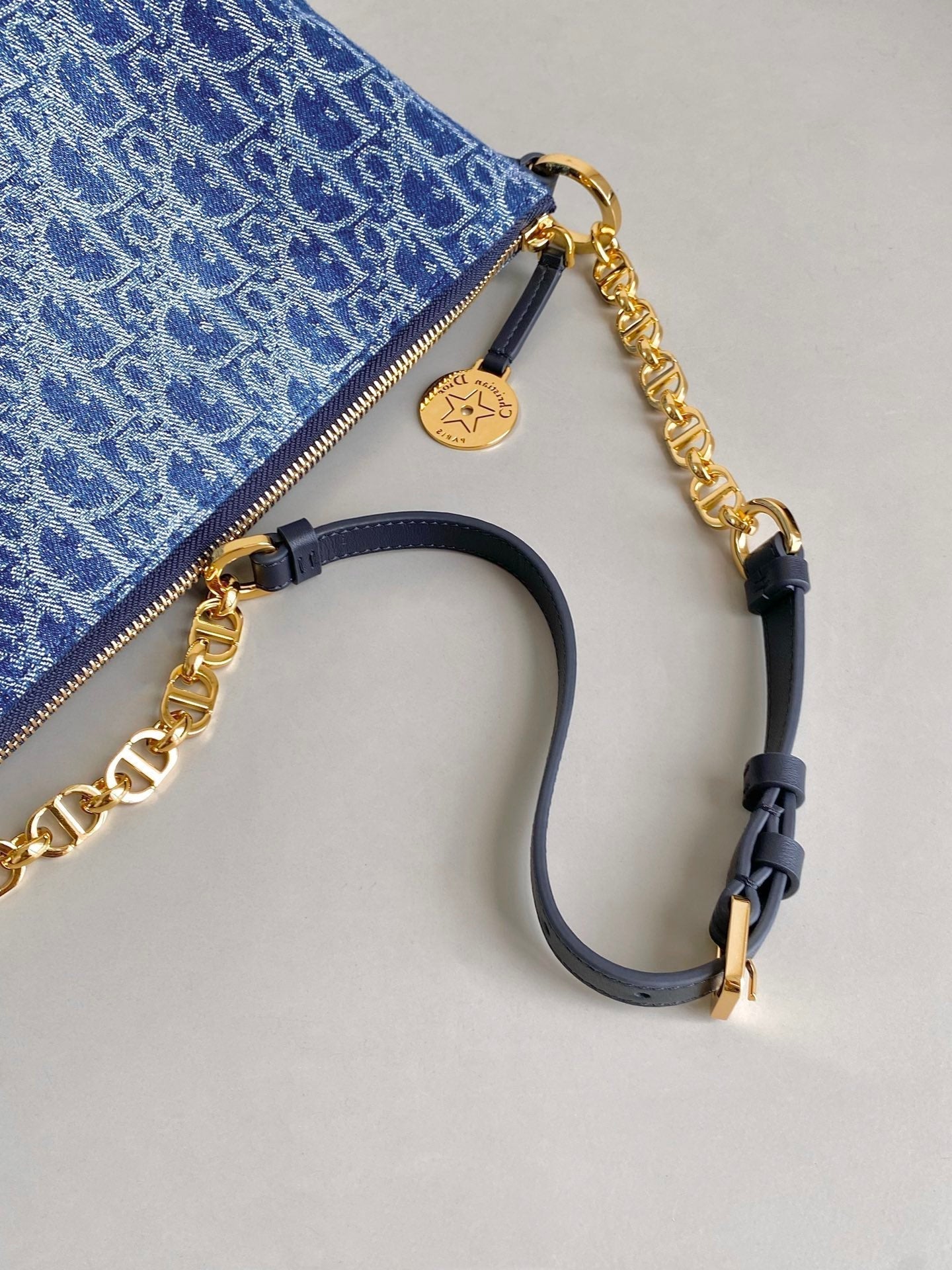 DIOR STAR 28 HOBO BAG WITH CHAIN BLUE DENIM OBLIQUE JACQUARD