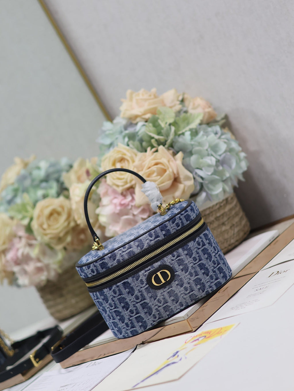DIOR CARO SMALL 20 VANITY CASE IN CERULEAN BLUE MONOGRAM DENIM