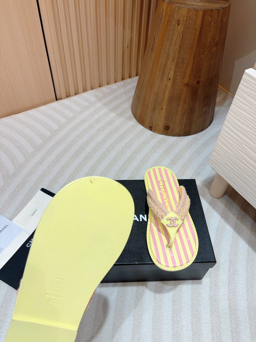 CHANEL WOVEN FLIP FLOP YELLOW MIX PINK SHEEPSKIN