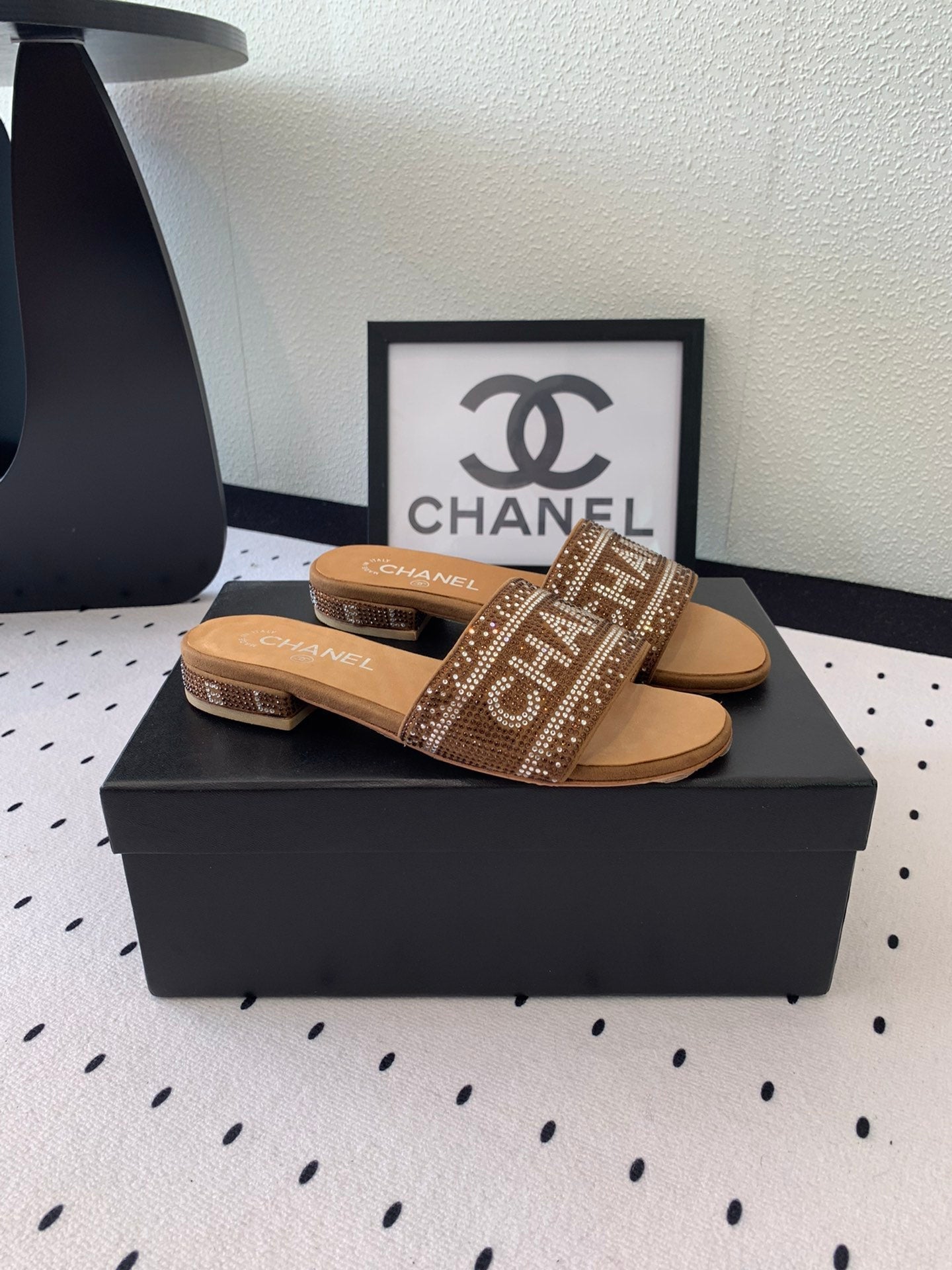 CHANEL RHINESTONE LETTER SLIPPERS CINNAMON BROWN LAMBSKIN
