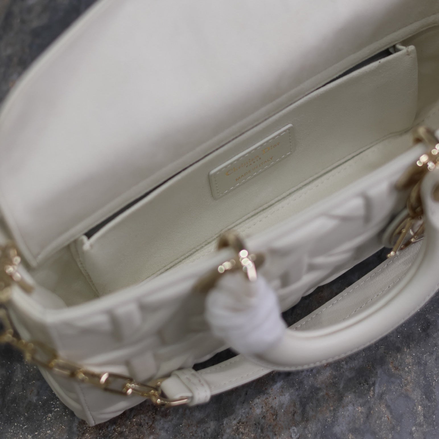 DIOR LADY D-JOY BAG 26 IN WHITE GRAPHIC CANNAGE CALFSKIN PALE GOLD-FINISH METAL CHARMS