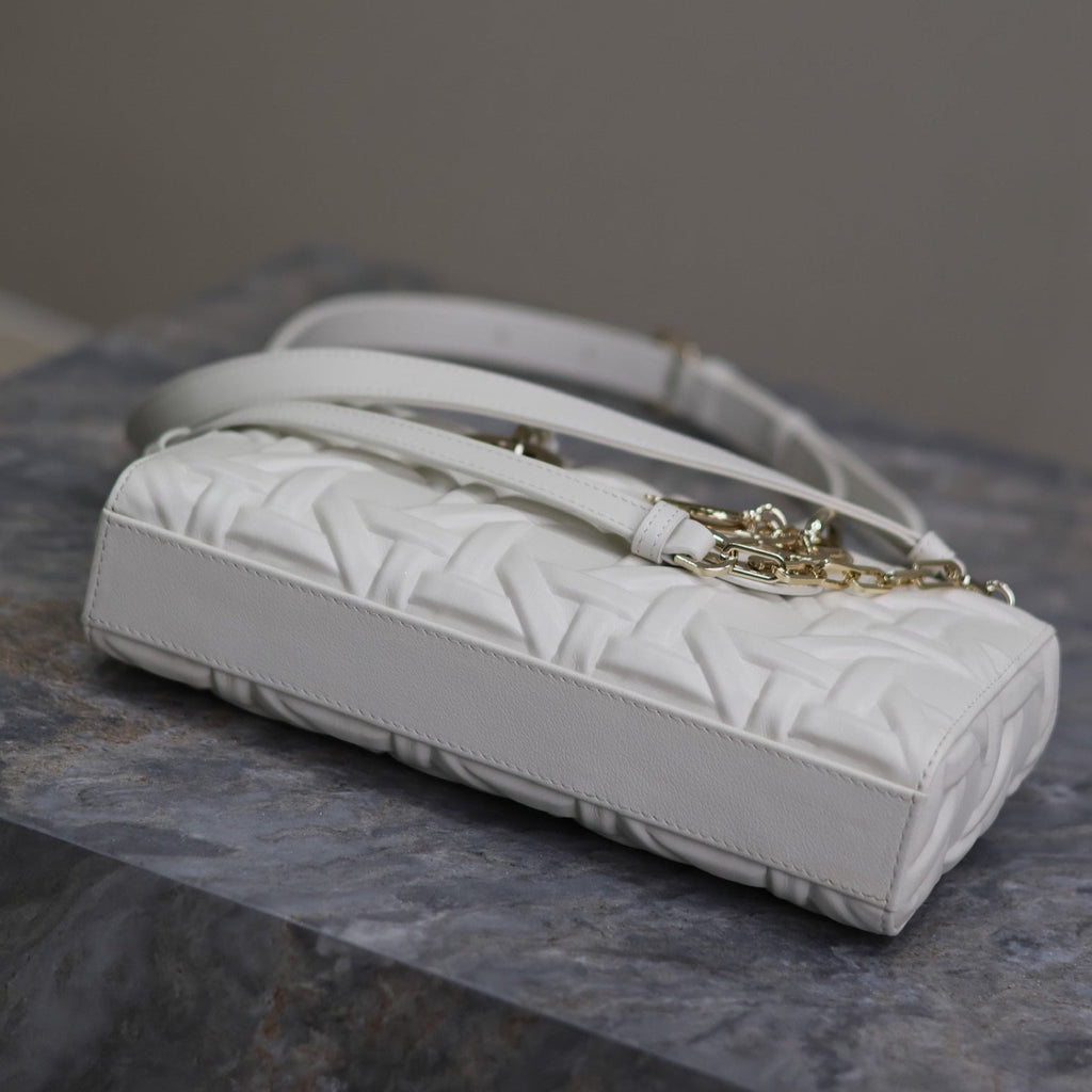 DIOR LADY D-JOY BAG 26 IN WHITE GRAPHIC CANNAGE CALFSKIN PALE GOLD-FINISH METAL CHARMS