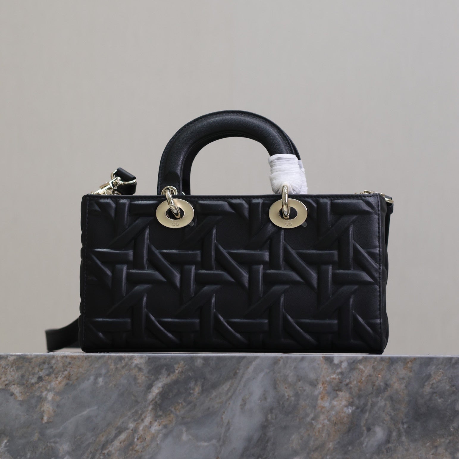 DIOR LADY D-JOY BAG 26 IN BLACK GRAPHIC CANNAGE CALFSKIN PALE GOLD-FINISH METAL CHARMS