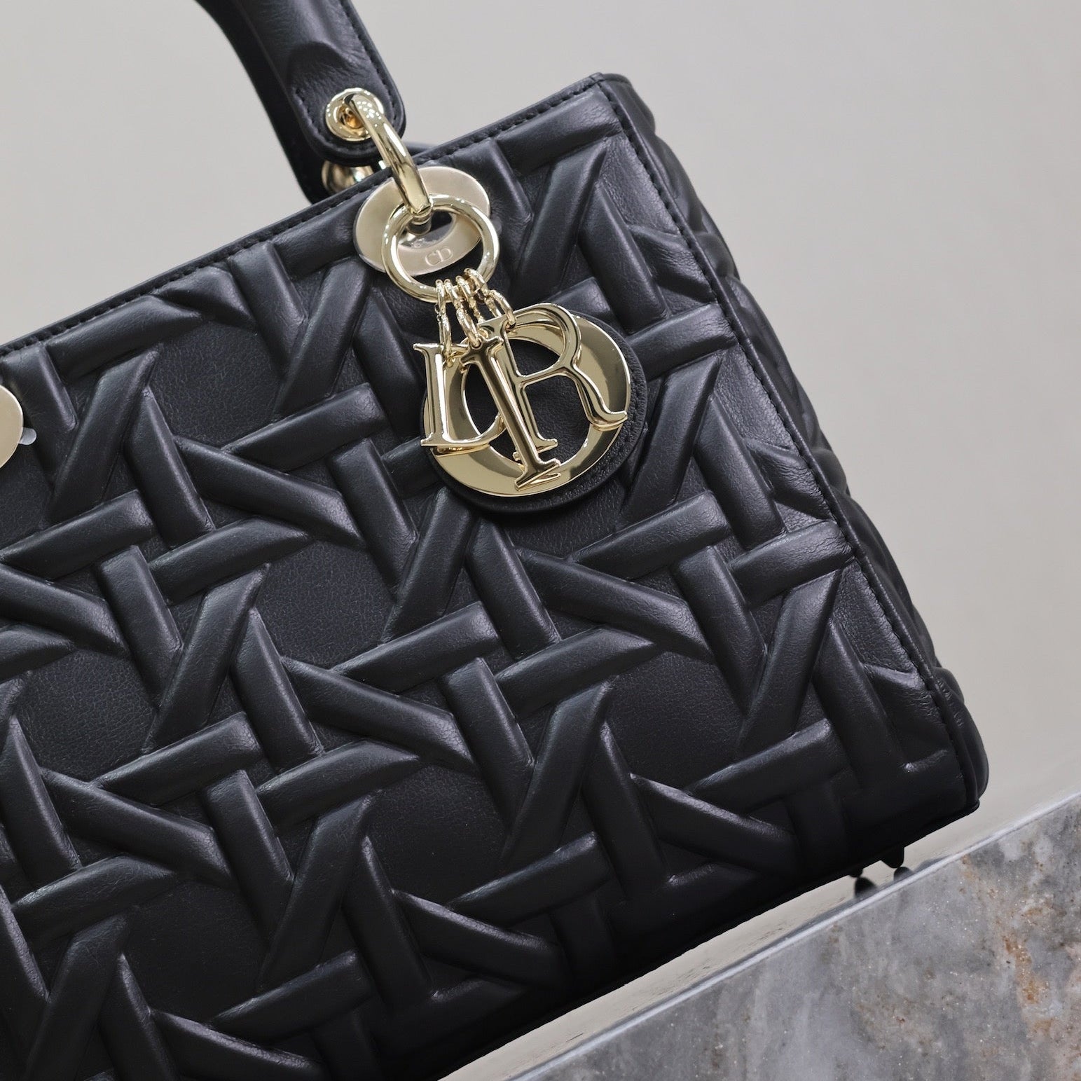 DIOR LADY BAG 24 IN BLACK GRAPHIC CANNAGE CALFSKIN PALE GOLD-FINISH METAL CHARMS