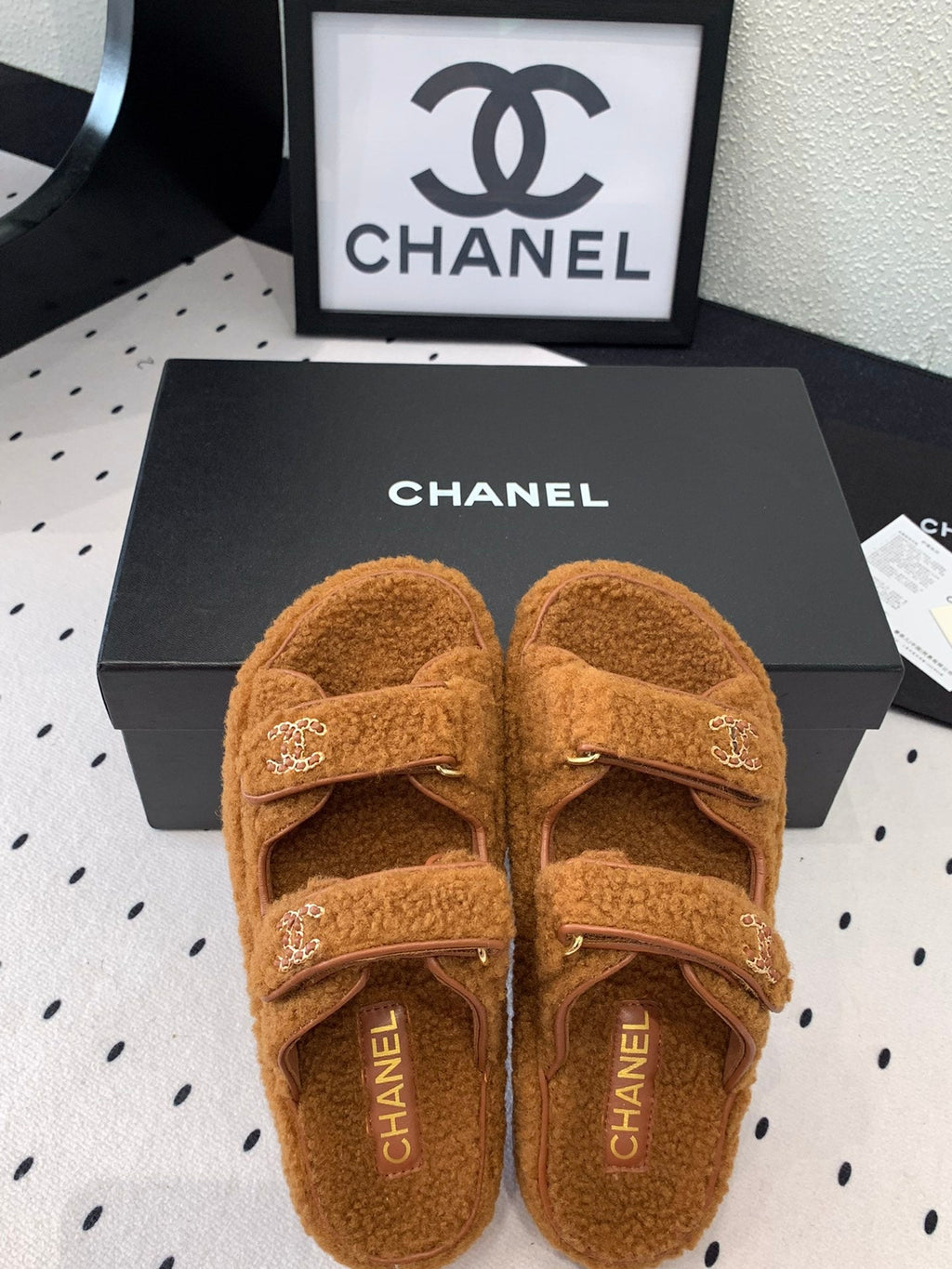 CHANEL DAD SANDAL MULE IN BRONZE BROWN LAMB FUR
