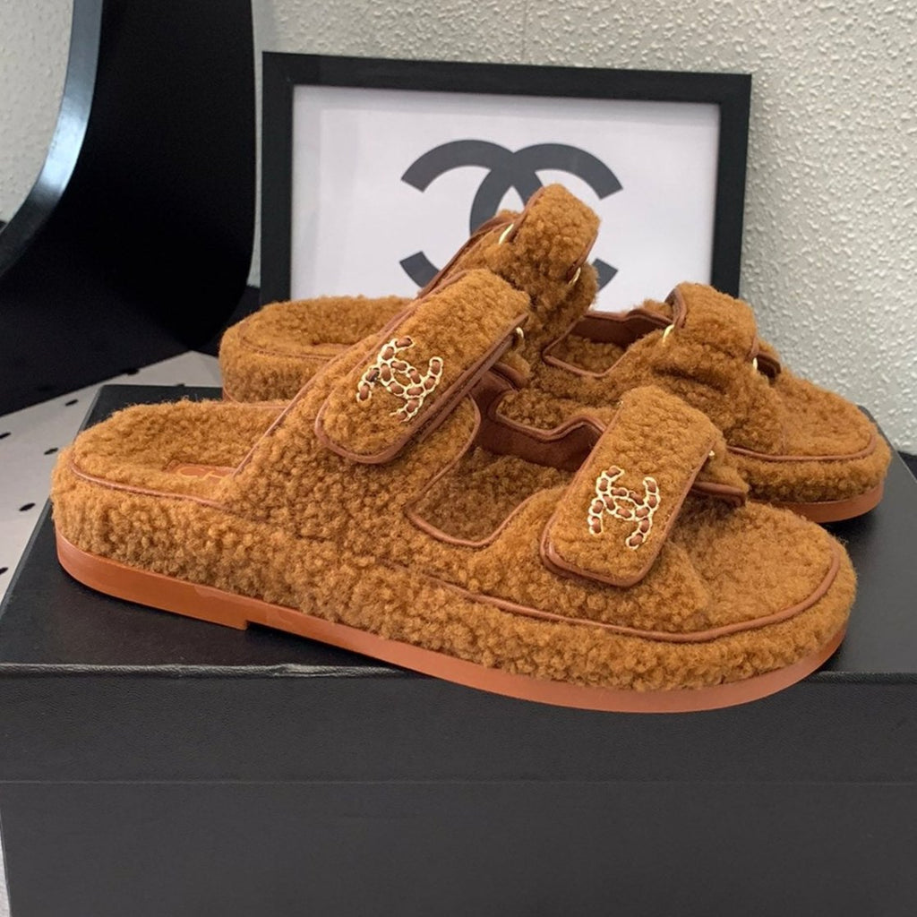 CHANEL DAD SANDAL MULE IN BRONZE BROWN LAMB FUR