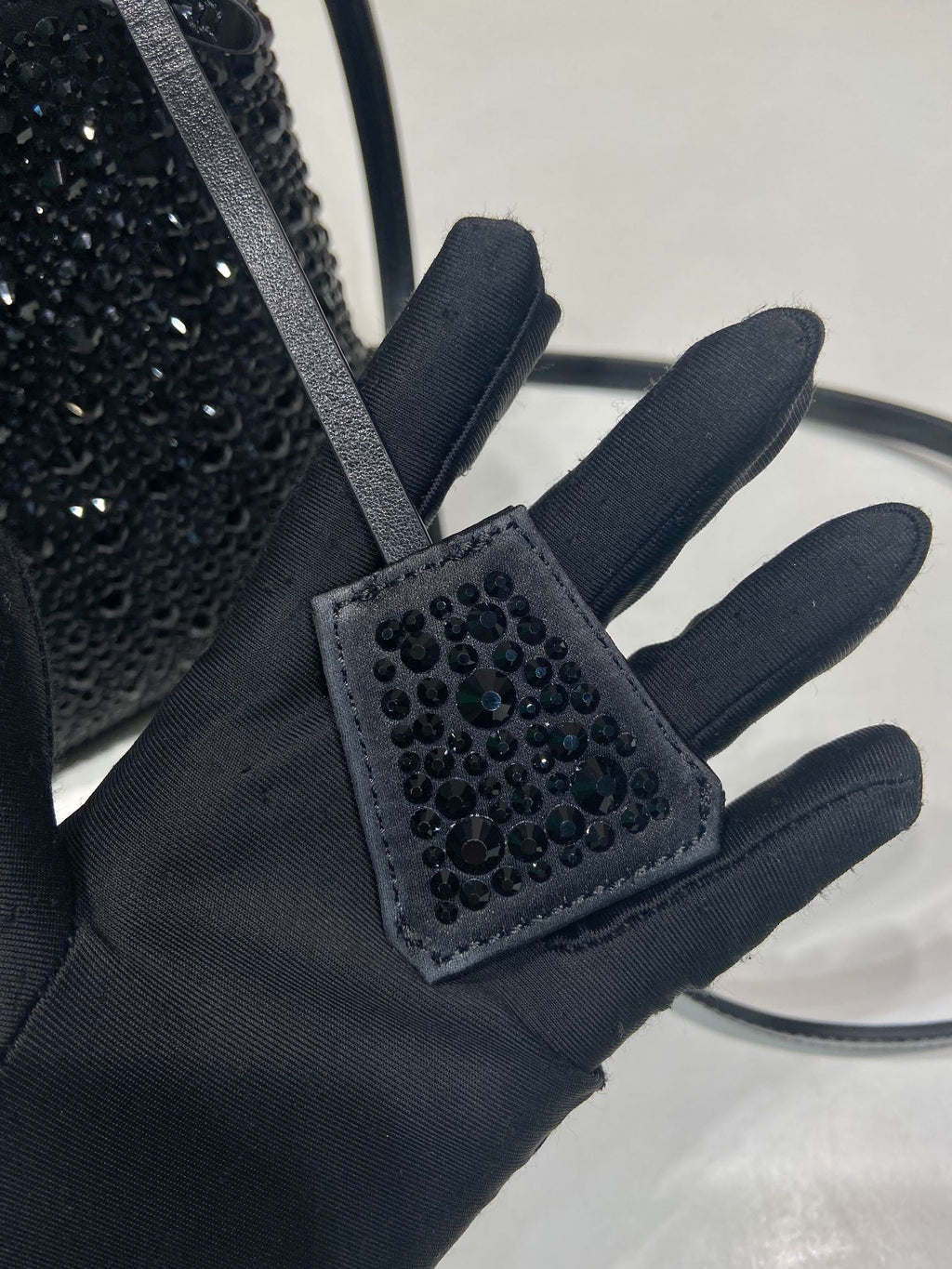PRADA PANIER BUCKET BAG 16 IN BLACK CALFSKIN ATTACHED FULL CRYSTALS