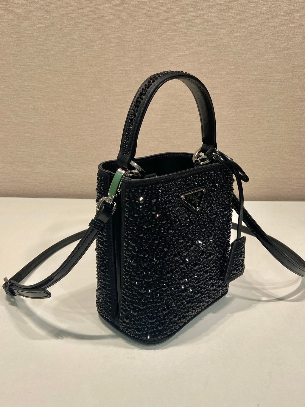 PRADA PANIER BUCKET BAG 16 IN BLACK CALFSKIN ATTACHED FULL CRYSTALS