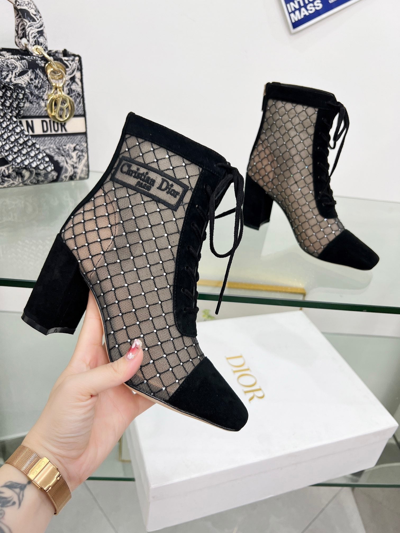 DIOR NAUGHTILY-D HEELED ANKLE BOOT IN BLACK EMBROIDERED MESH AND SUEDE 8 CM
