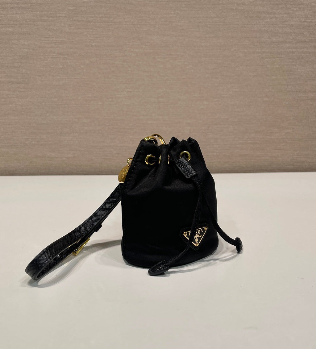 PRADA MINI BUCKET BAG 10 IN BLACK RE-NYLON AND SAFFIANO LEATHER STRAP
