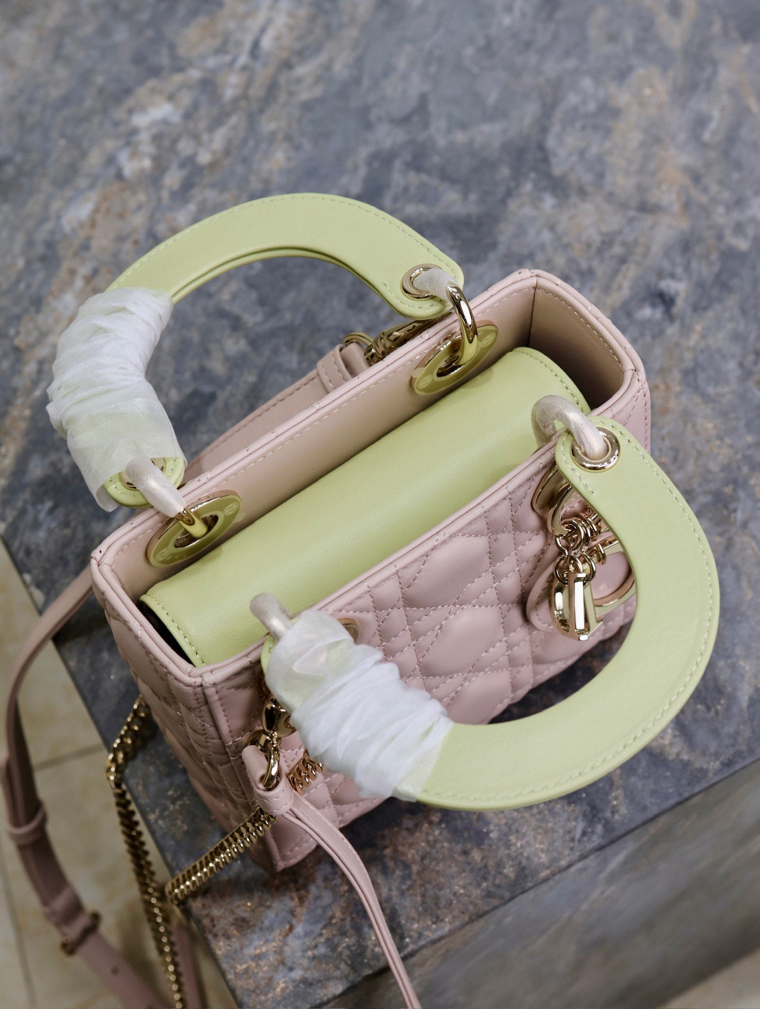 DIOR MINI LADY BAG 17 IN BABY PINK QUILTED MACROCANNAGE CALFSKIN SWAMP YELLOW STRAP
