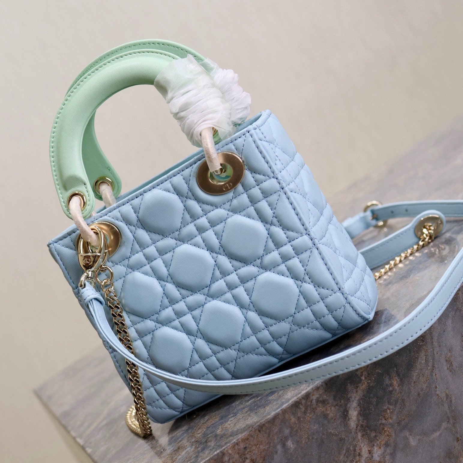 DIOR MINI LADY BAG 17 IN BABY BLUE QUILTED MACROCANNAGE CALFSKIN GREEN STRAP