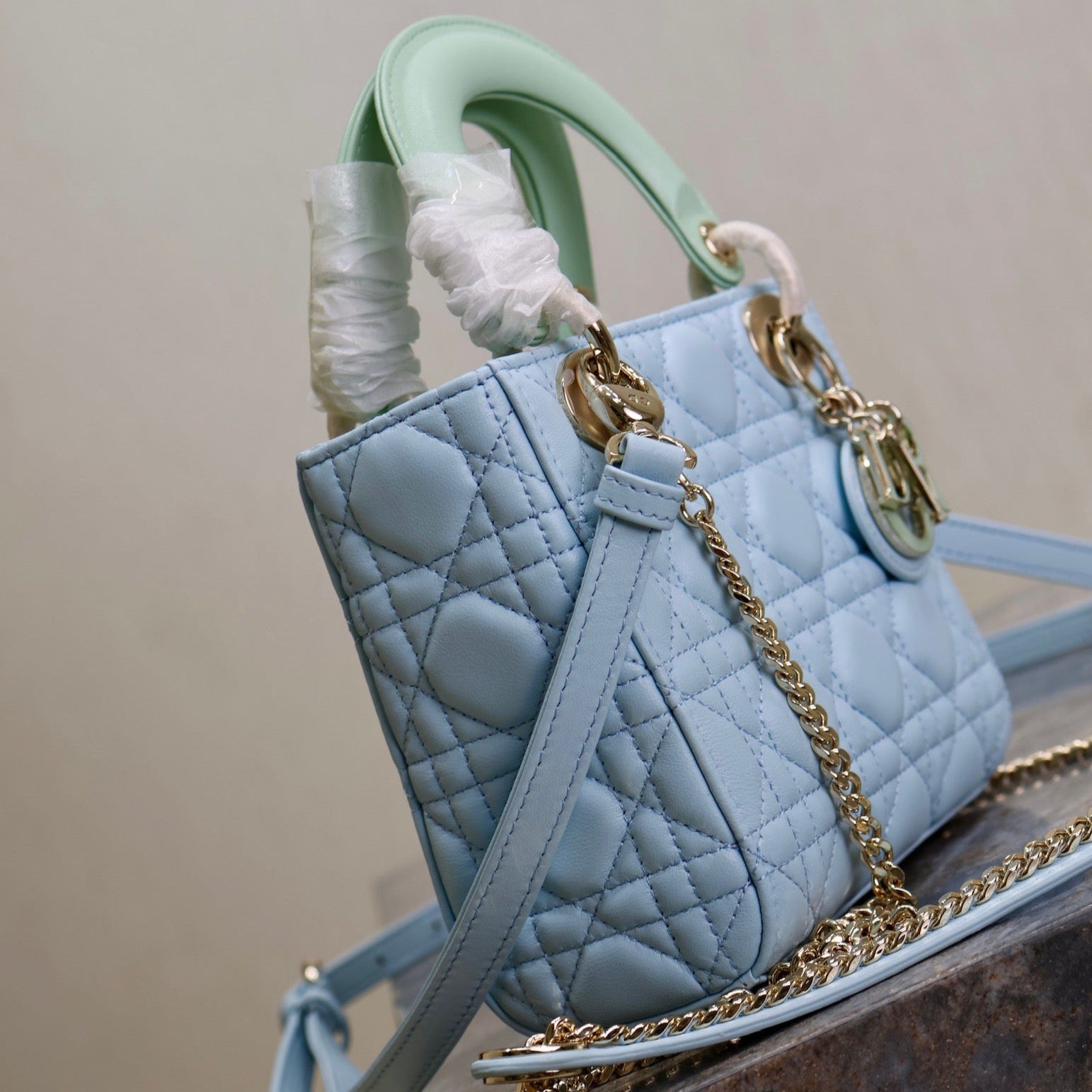 DIOR MINI LADY BAG 17 IN BABY BLUE QUILTED MACROCANNAGE CALFSKIN GREEN STRAP