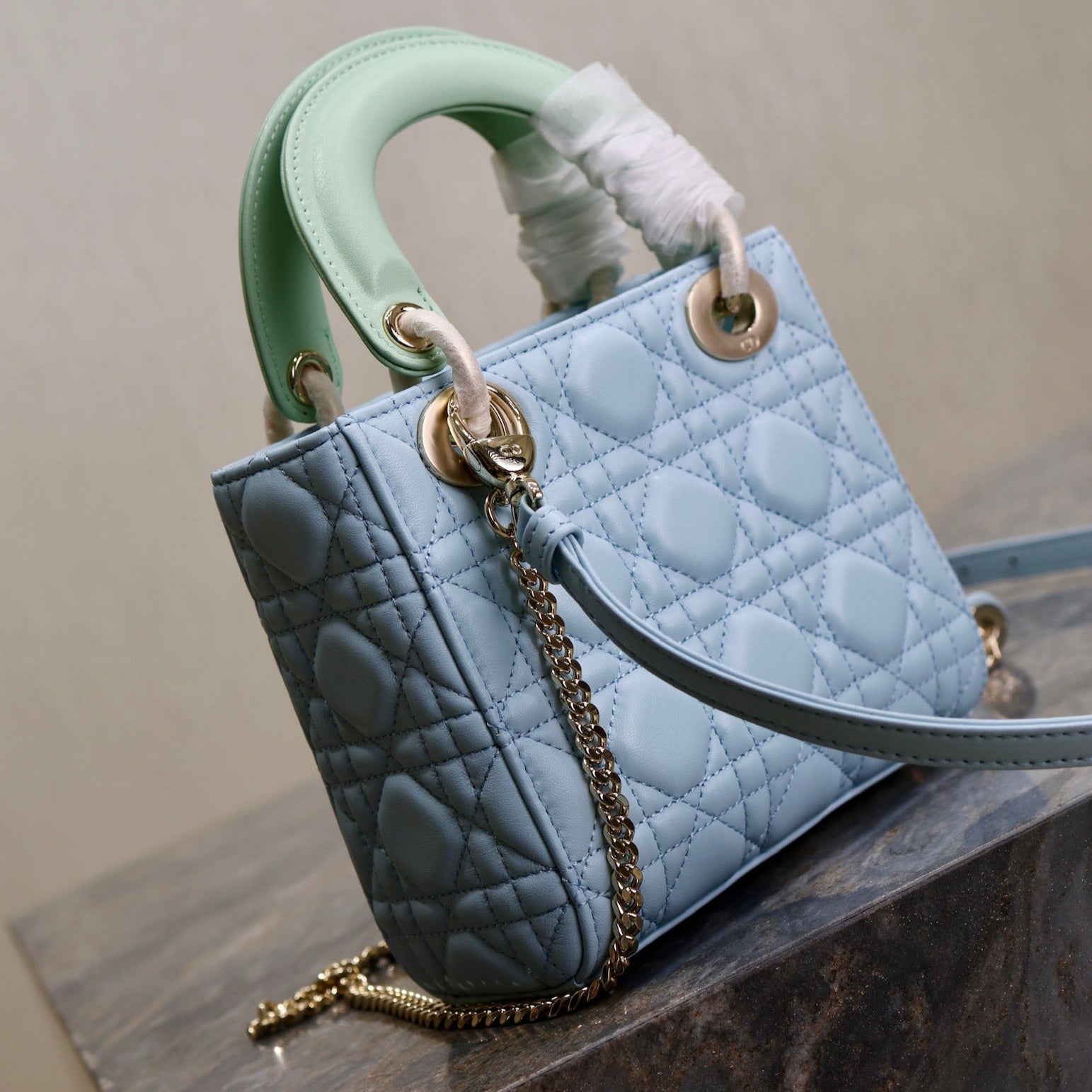 DIOR MINI LADY BAG 17 IN BABY BLUE QUILTED MACROCANNAGE CALFSKIN GREEN STRAP