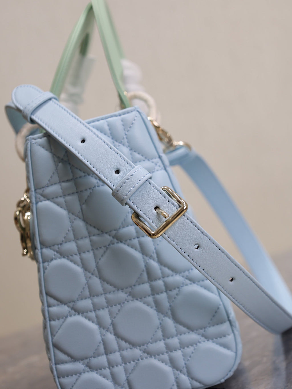 DIOR LADY BAG 24 IN BABY BLUE QUILTED MACROCANNAGE CALFSKIN GREEN STRAP