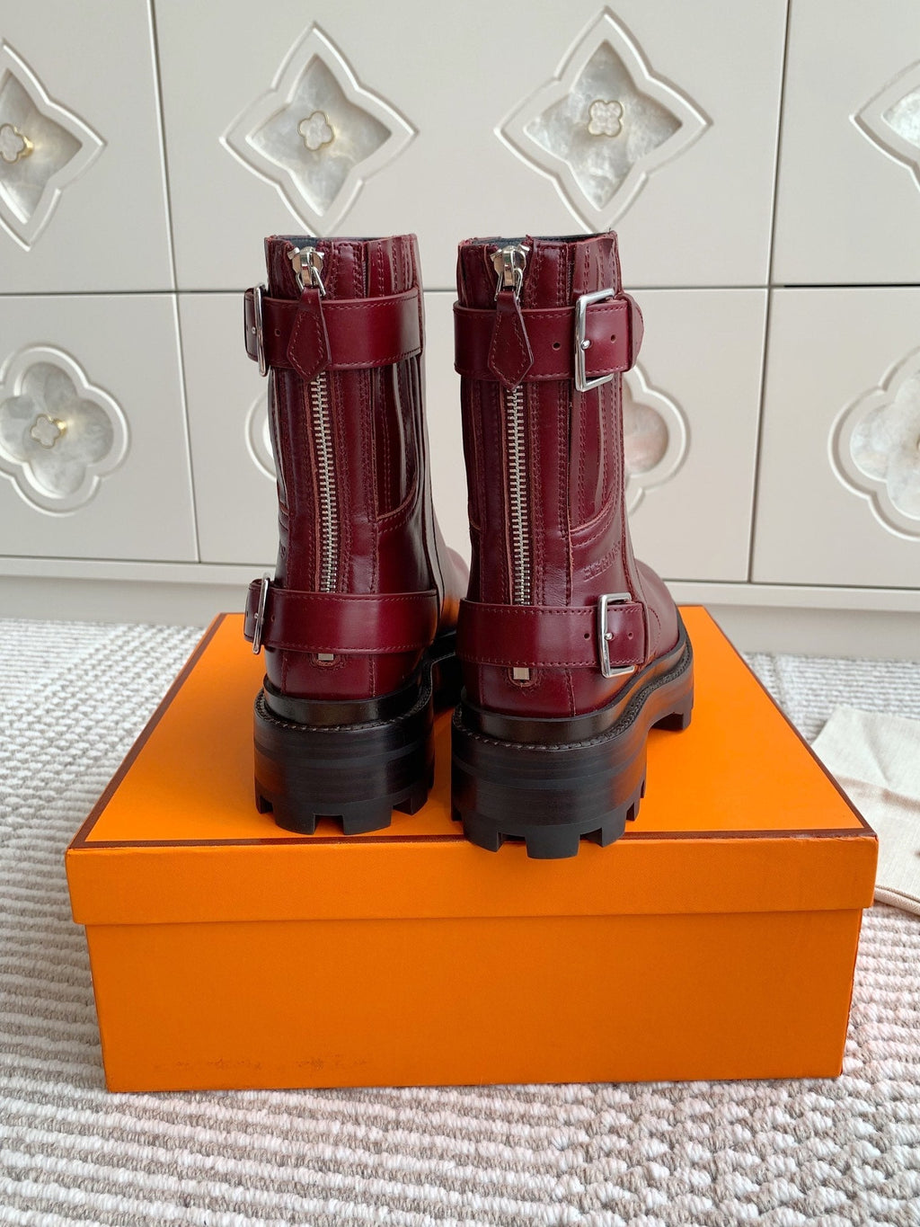 HERMES JAIME ANKLE BOOT IN BURGUNDY RED CALFSKIN