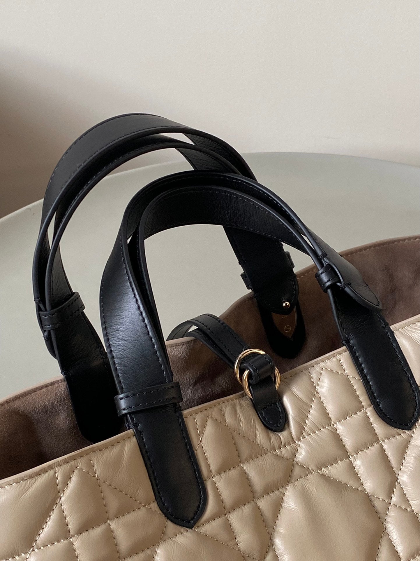 DIOR MEDIUM TOUJOURS BAG 28 IN BEIGE CANNAGE CALFSKIN BLACK STRAP