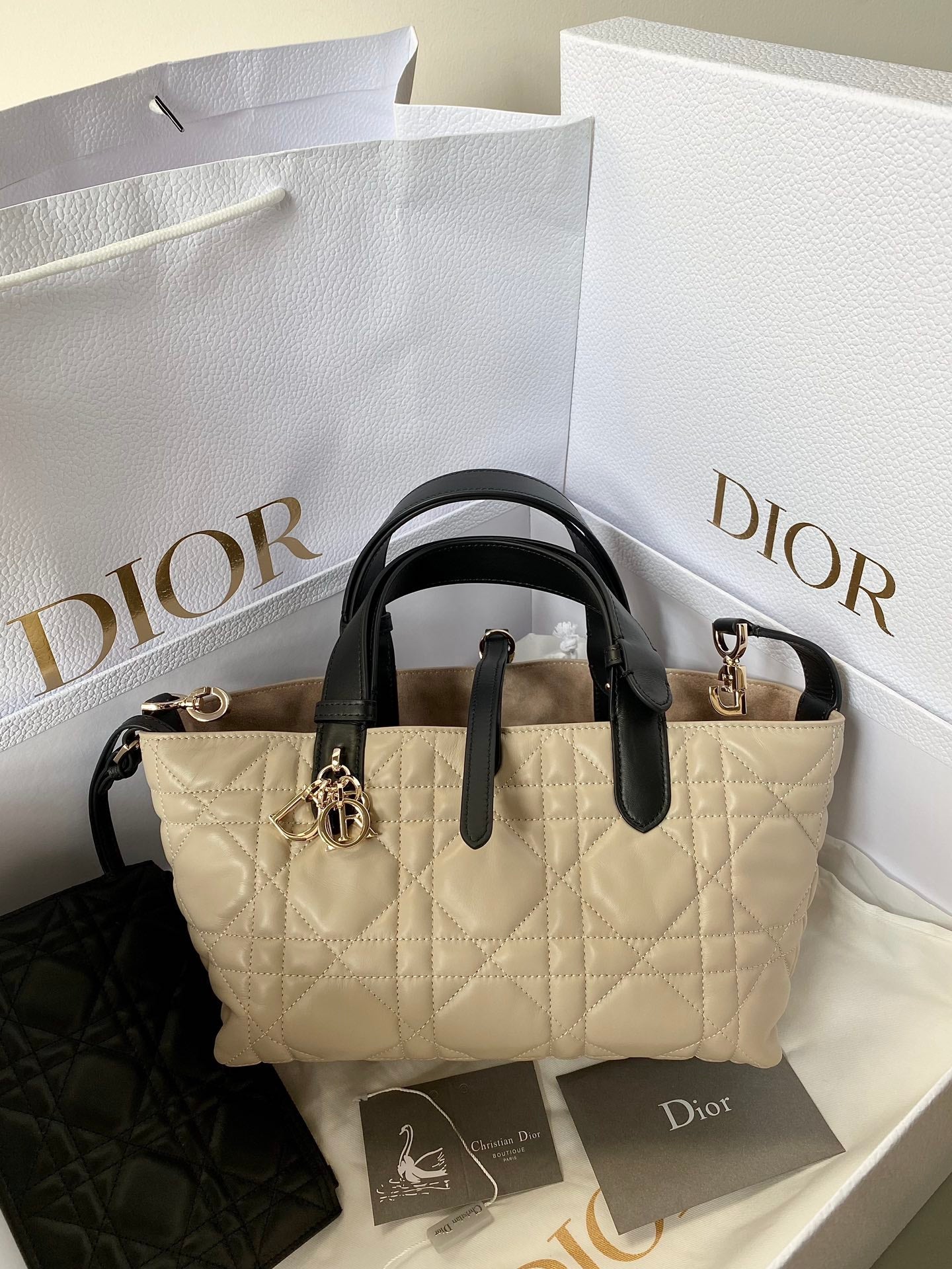 DIOR MINI TOUJOURS BAG 23 IN BEIGE CANNAGE CALFSKIN BLACK STRAP