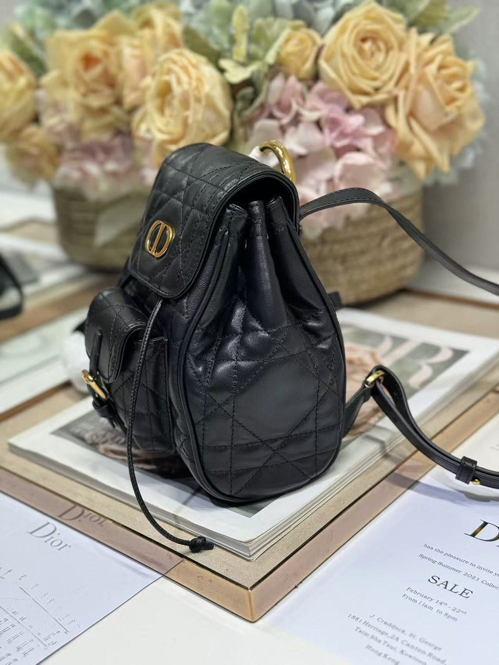 DIOR SMALL CARO BACKPACK 20 IN BLACK MACROCANNAGE LAMBSKIN