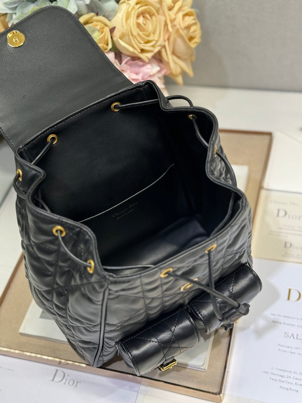 DIOR MEDIUM CARO BACKPACK 27 IN BLACK MACROCANNAGE LAMBSKIN