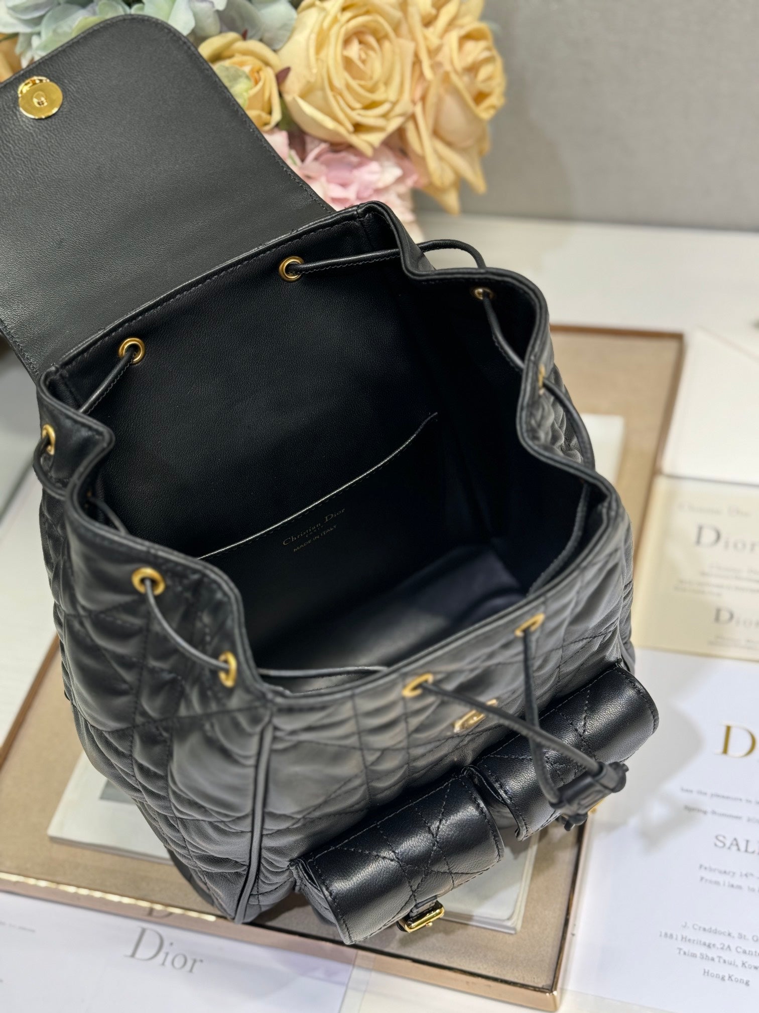 DIOR MEDIUM CARO BACKPACK 27 IN BLACK MACROCANNAGE LAMBSKIN