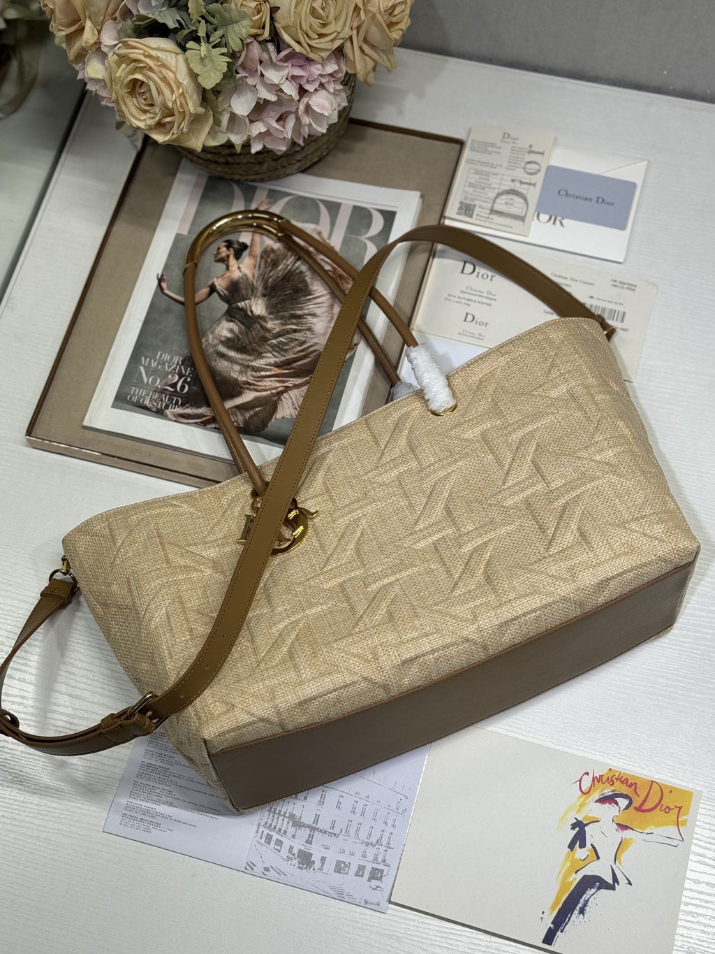 DIOR LARGE 41 TOUJOURS BAG IN BISQUE BEIGE CANNAGE RAFFIA
