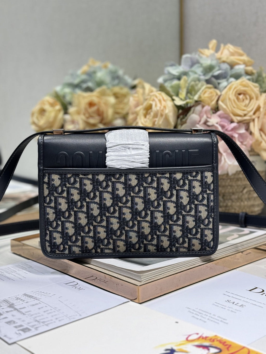 DIOR MONTAIGNE EAST-WEST BAG 24 IN BLACK LAMBSKIN AND MONOGRAM OBLIQUE JACQUARD