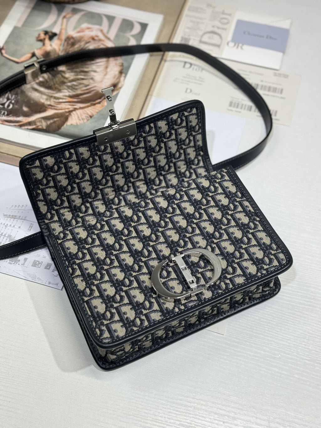 DIOR MONTAIGNE EAST-WEST BAG 24 IN BLACK LAMBSKIN AND MONOGRAM OBLIQUE JACQUARD