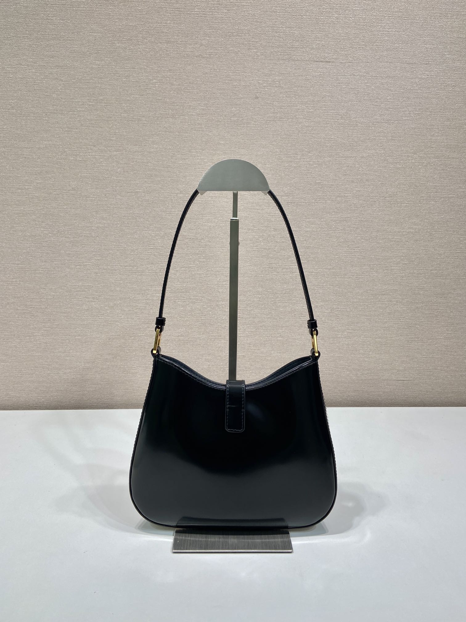 PRADA CLEO SHOULDER BAG 22 IN BLACK BRUSHED LAMBSKIN WITH CLASP CLOSURE