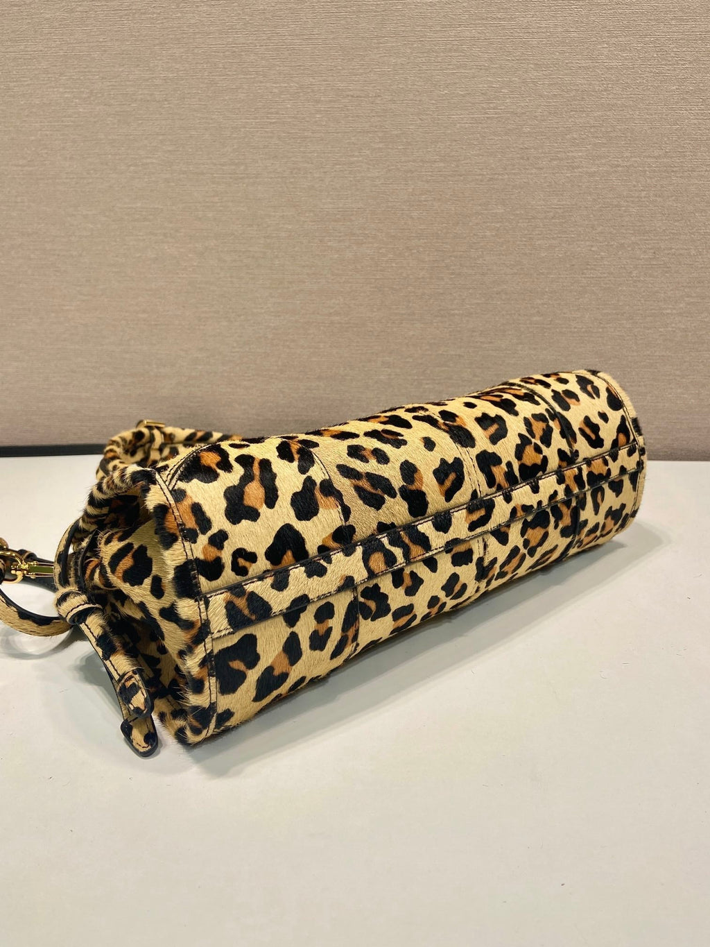 PRADA TOP HANDLE BAG 32 IN LEOPARD PRINT LEATHER