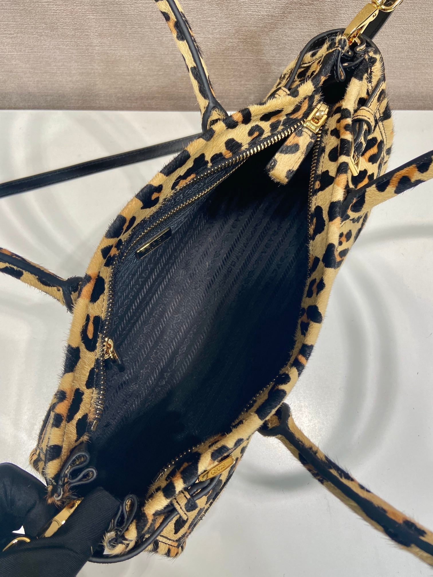 PRADA TOP HANDLE BAG 32 IN LEOPARD PRINT LEATHER