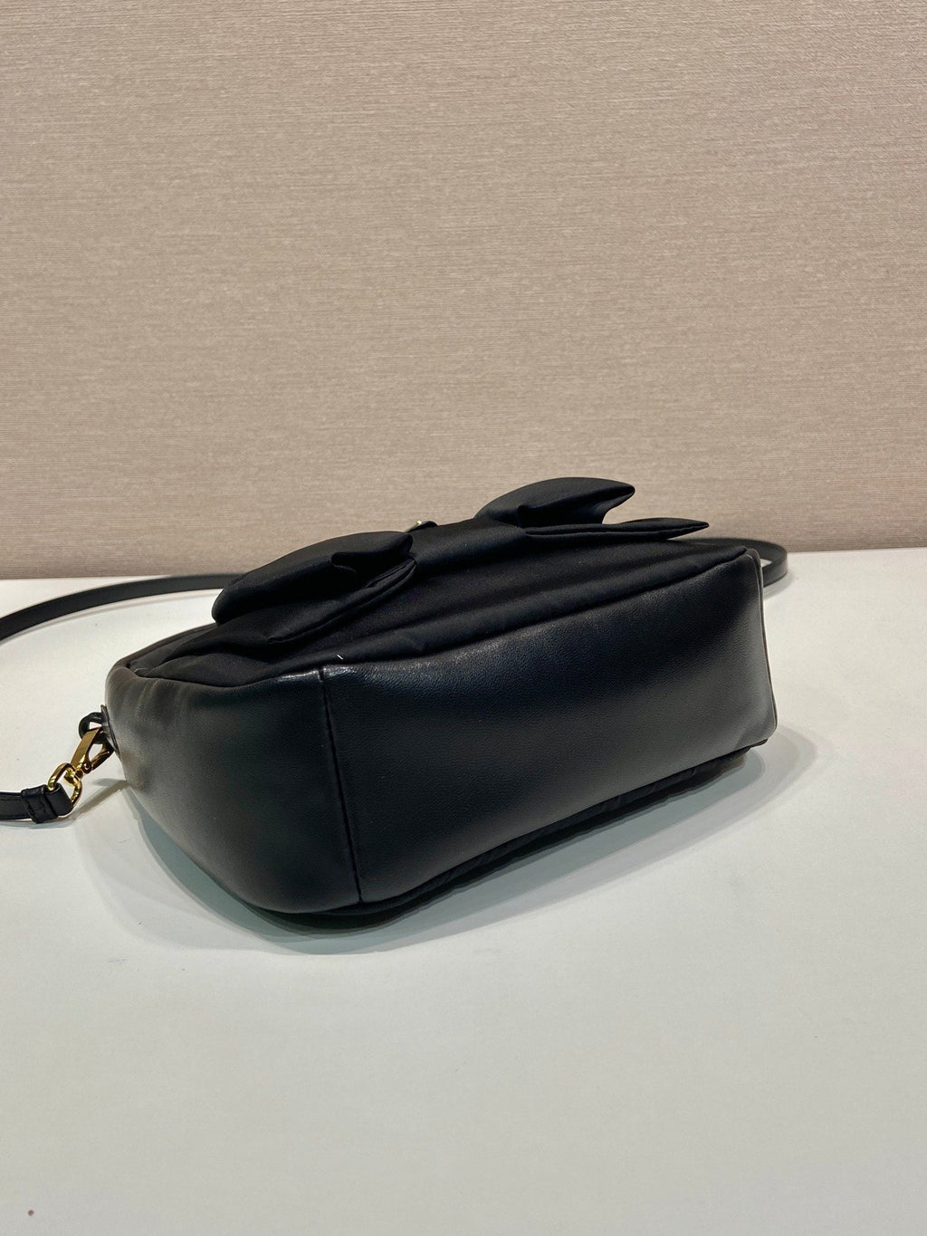 PRADA BOW HOBO BAG 22 IN BLACK RE-NYLON AND LAMBSKIN