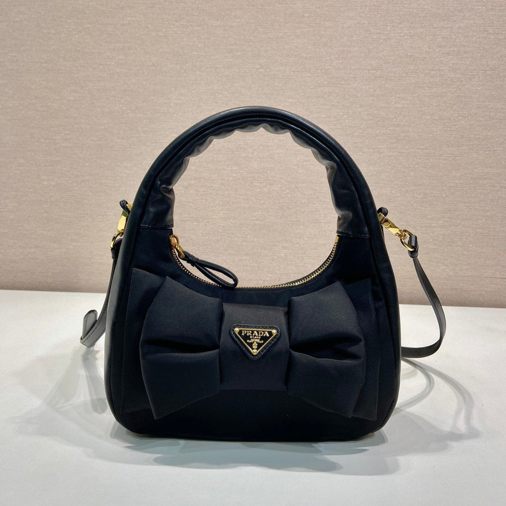 PRADA BOW HOBO BAG 22 IN BLACK RE-NYLON AND LAMBSKIN