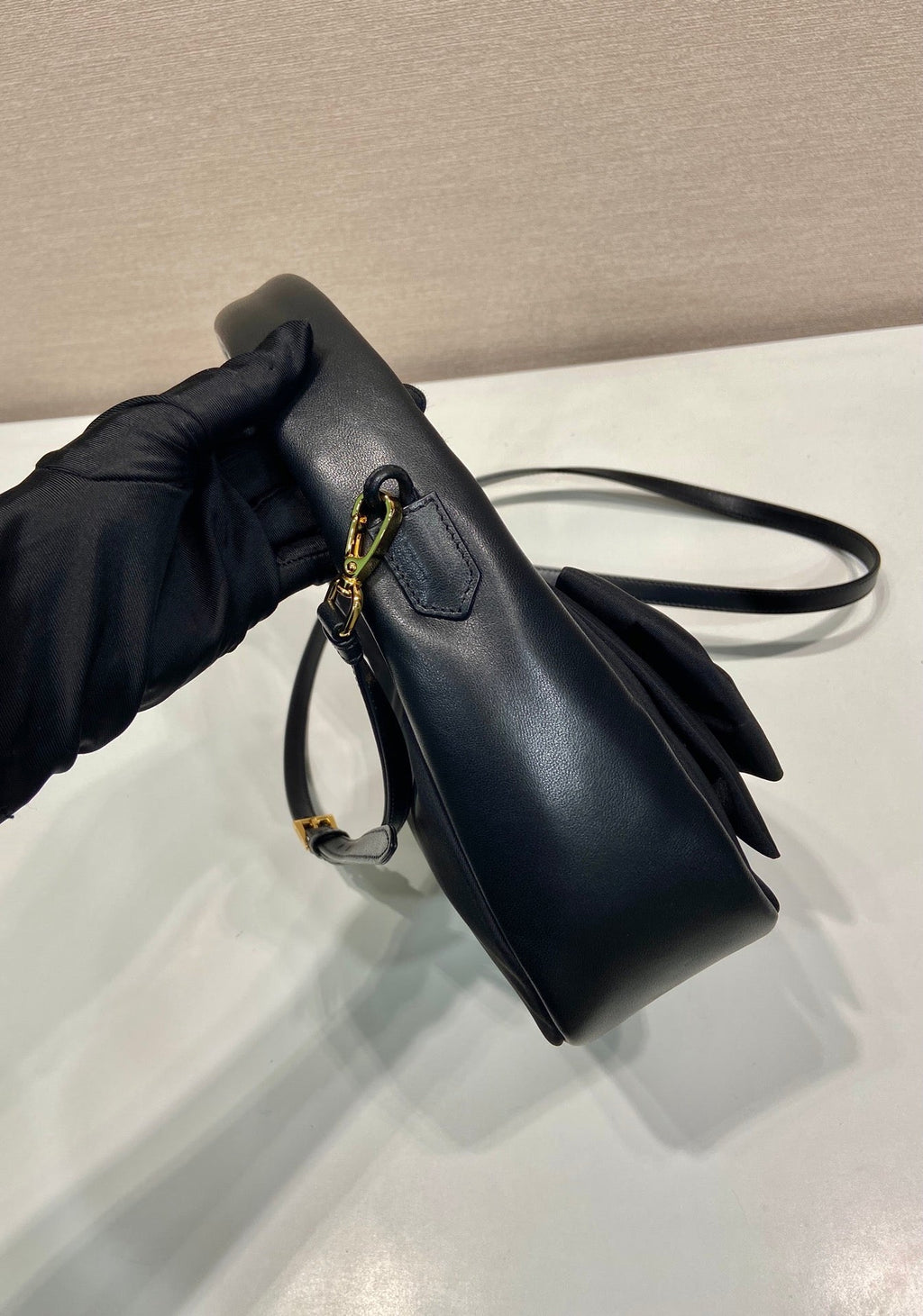 PRADA BOW HOBO BAG 22 IN BLACK RE-NYLON AND LAMBSKIN