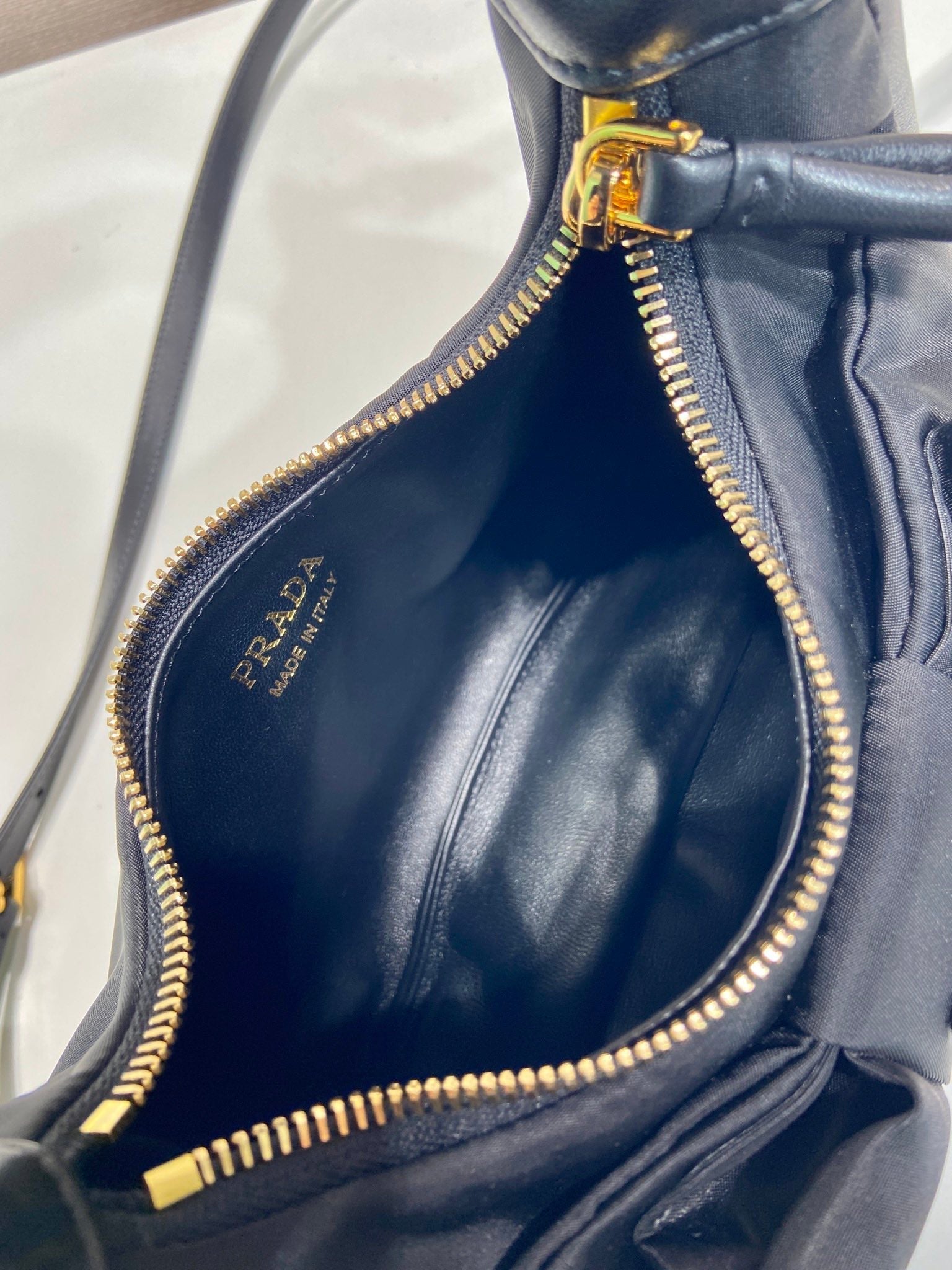 PRADA BOW HOBO BAG 22 IN BLACK RE-NYLON AND LAMBSKIN