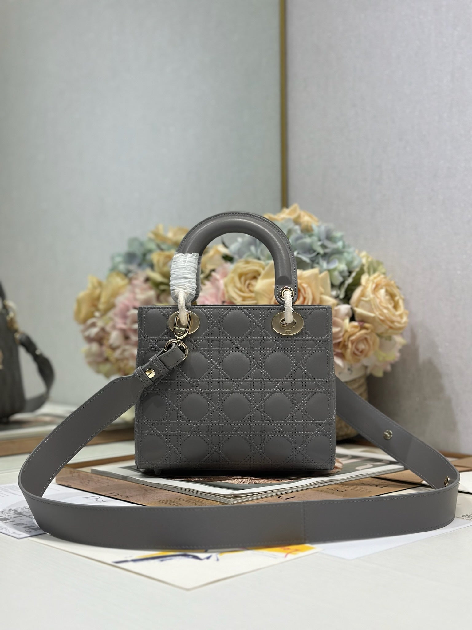 DIOR LADY SMALL BAG 20 IN GREY MACROCANNAGE LAMBSKIN GOLD HARDWARE