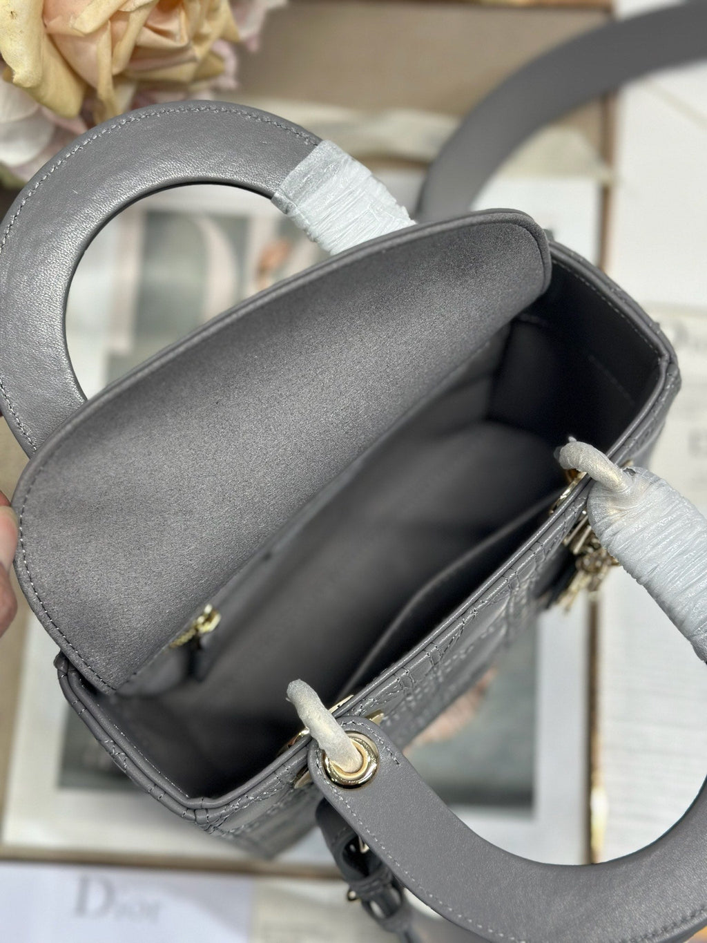 DIOR LADY SMALL BAG 20 IN GREY MACROCANNAGE LAMBSKIN GOLD HARDWARE