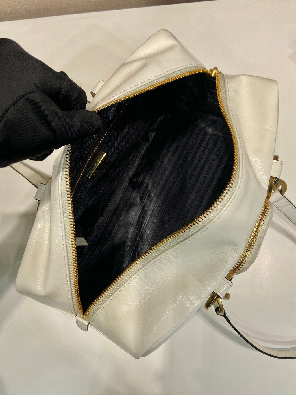 PRADA LARGE RECTANGULAR BAG 30 IN WHITE OIL WAX LAMBSKIN GOLD HARDWARE