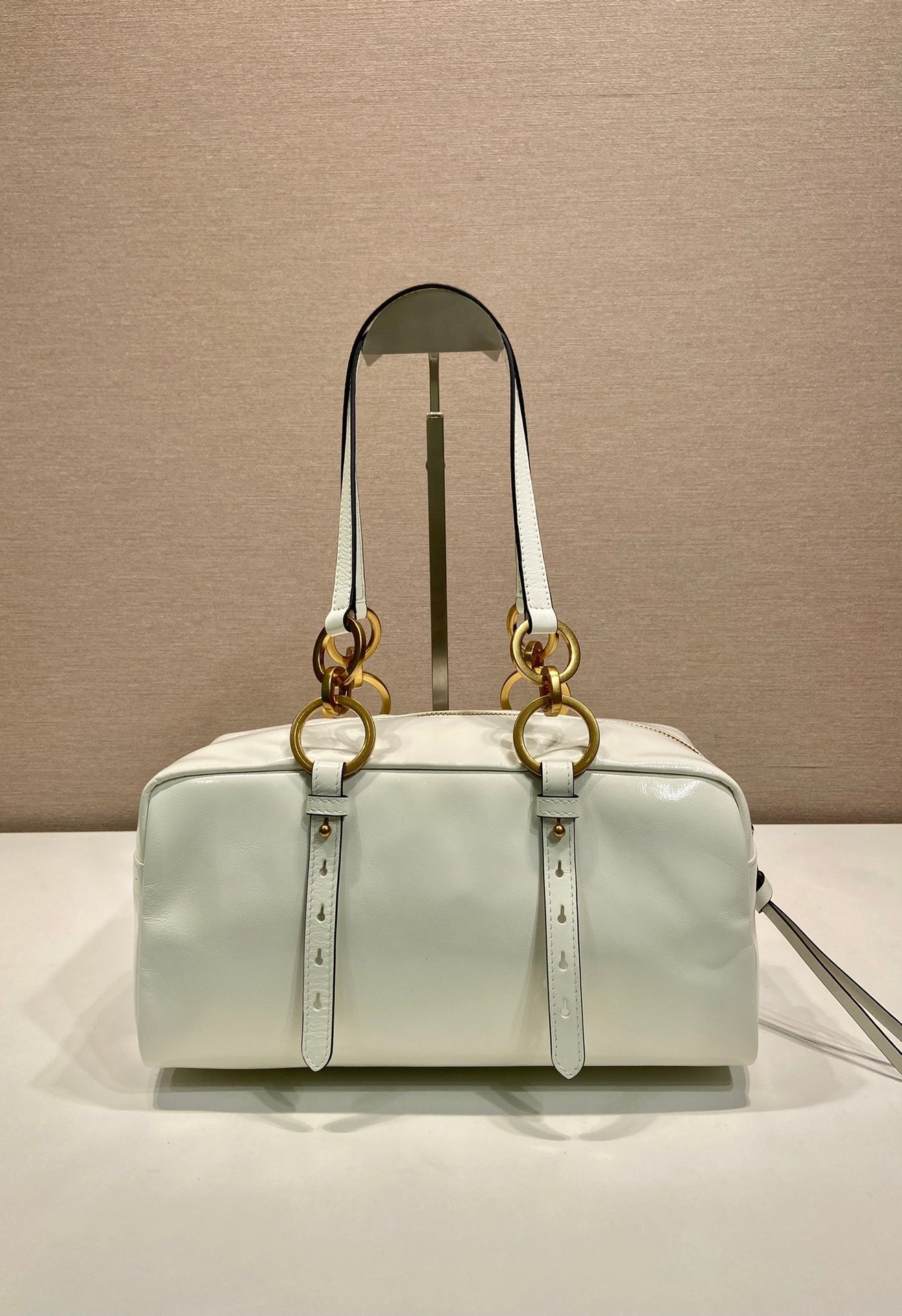 PRADA LARGE RECTANGULAR BAG 30 IN WHITE OIL WAX LAMBSKIN GOLD HARDWARE