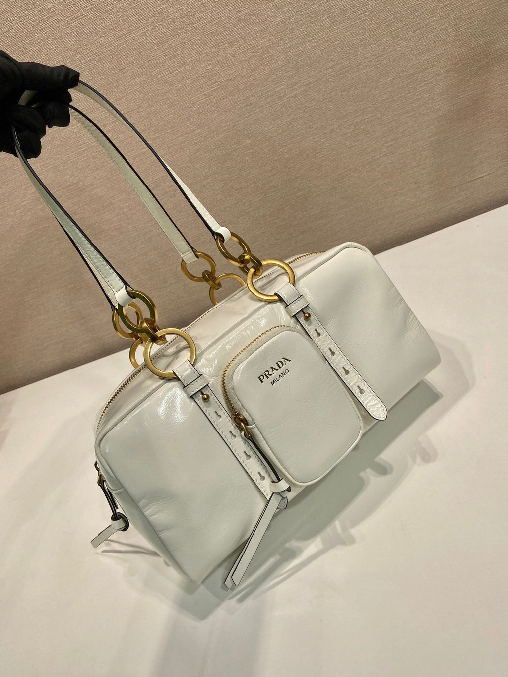 PRADA LARGE RECTANGULAR BAG 30 IN WHITE OIL WAX LAMBSKIN GOLD HARDWARE