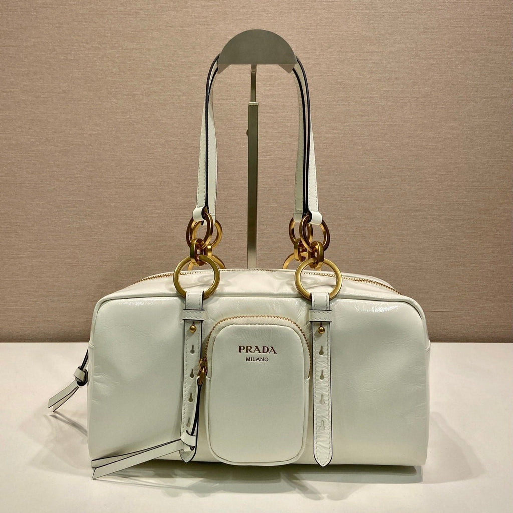 PRADA LARGE RECTANGULAR BAG 30 IN WHITE OIL WAX LAMBSKIN GOLD HARDWARE