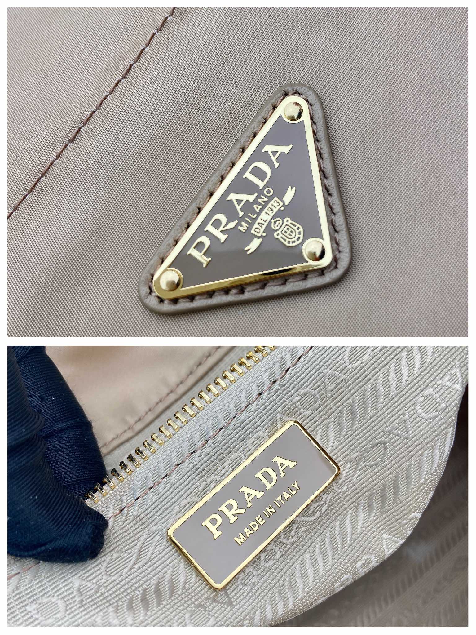 PRADA BUCKET BAG 28 IN BEIGE RE-NYLON GOLD LOGO