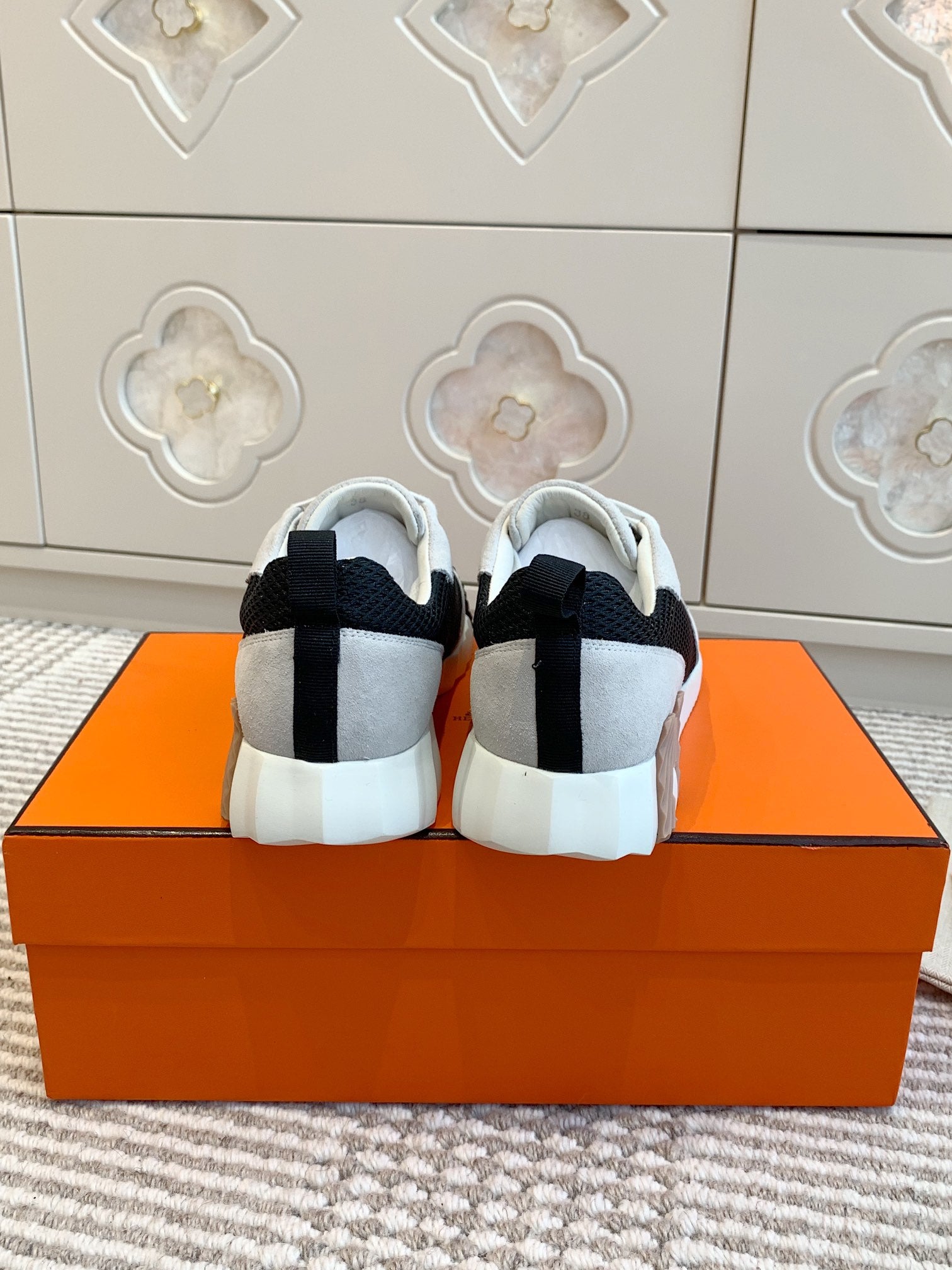 HERMES BOUNCING SNEAKER IN BLACK GRAPHIC MESH AND PASTEL GRAY SUEDE