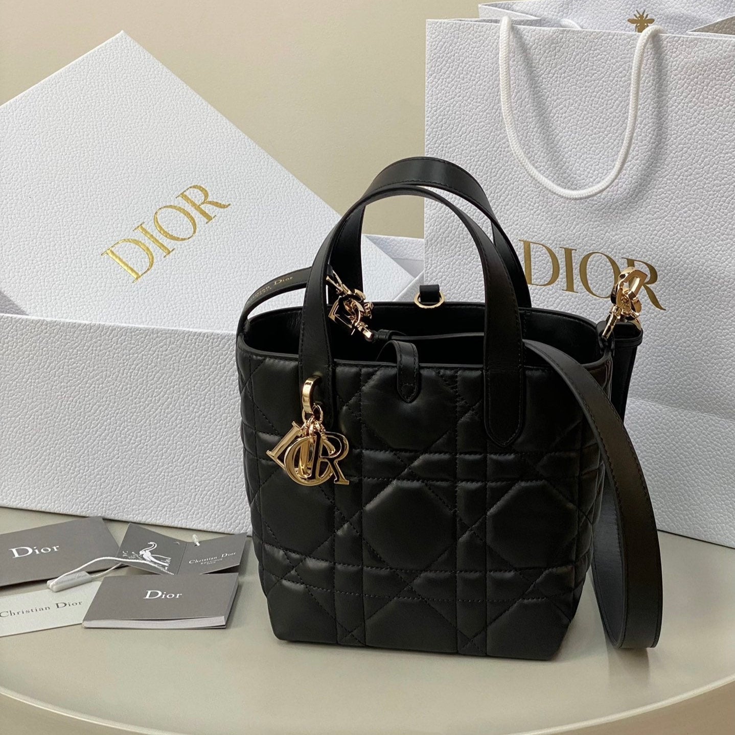 DIOR MINI TOUJOURS BUCKET BAG 18 IN BLACK CANNAGE CALFSKIN