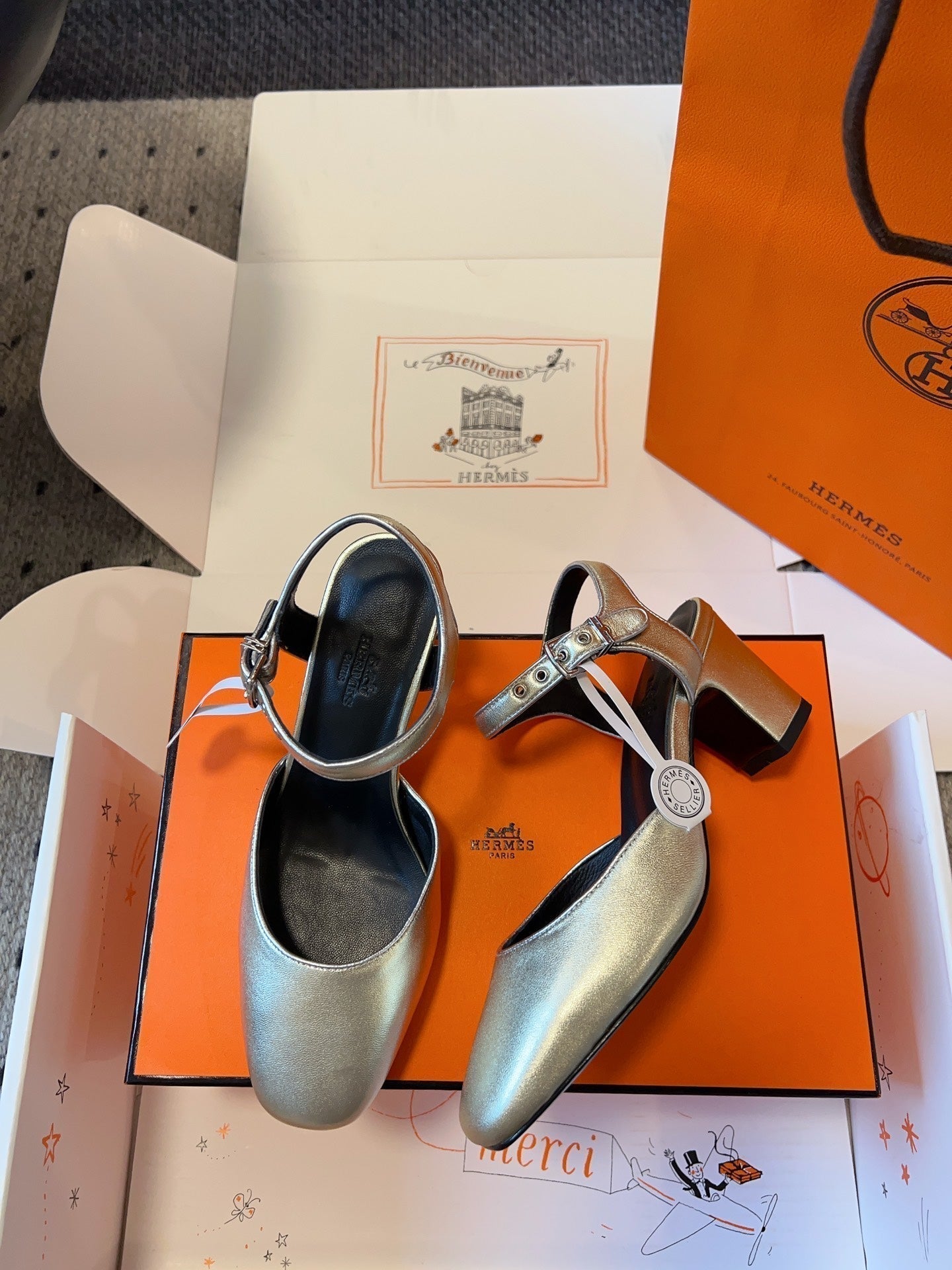 HERMES KLEO HIGH SLINGBACK IN SILVER CALFSKIN