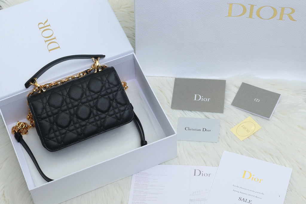 DIOR JOLIE TOP HANDLE BAG 19 IN BLACK CANNAGE CALFSKIN