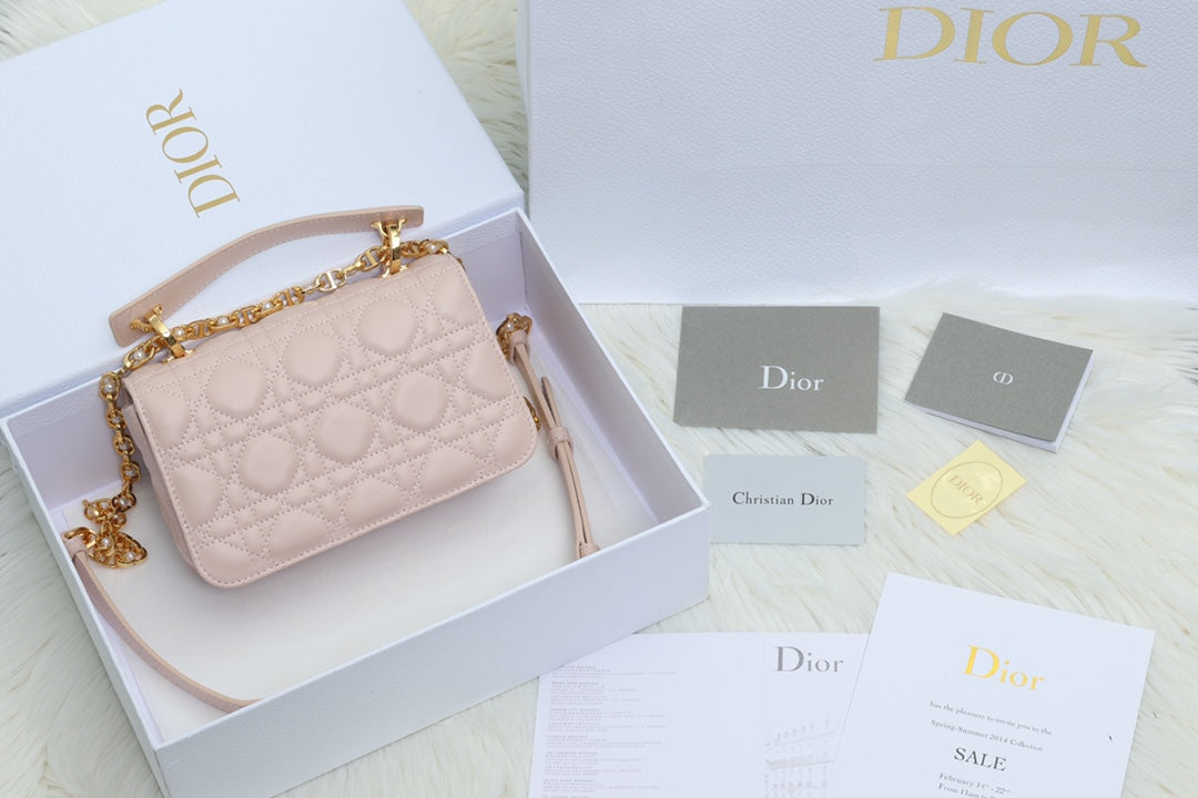 DIOR JOLIE TOP HANDLE BAG 19 IN PALE PINK CANNAGE CALFSKIN