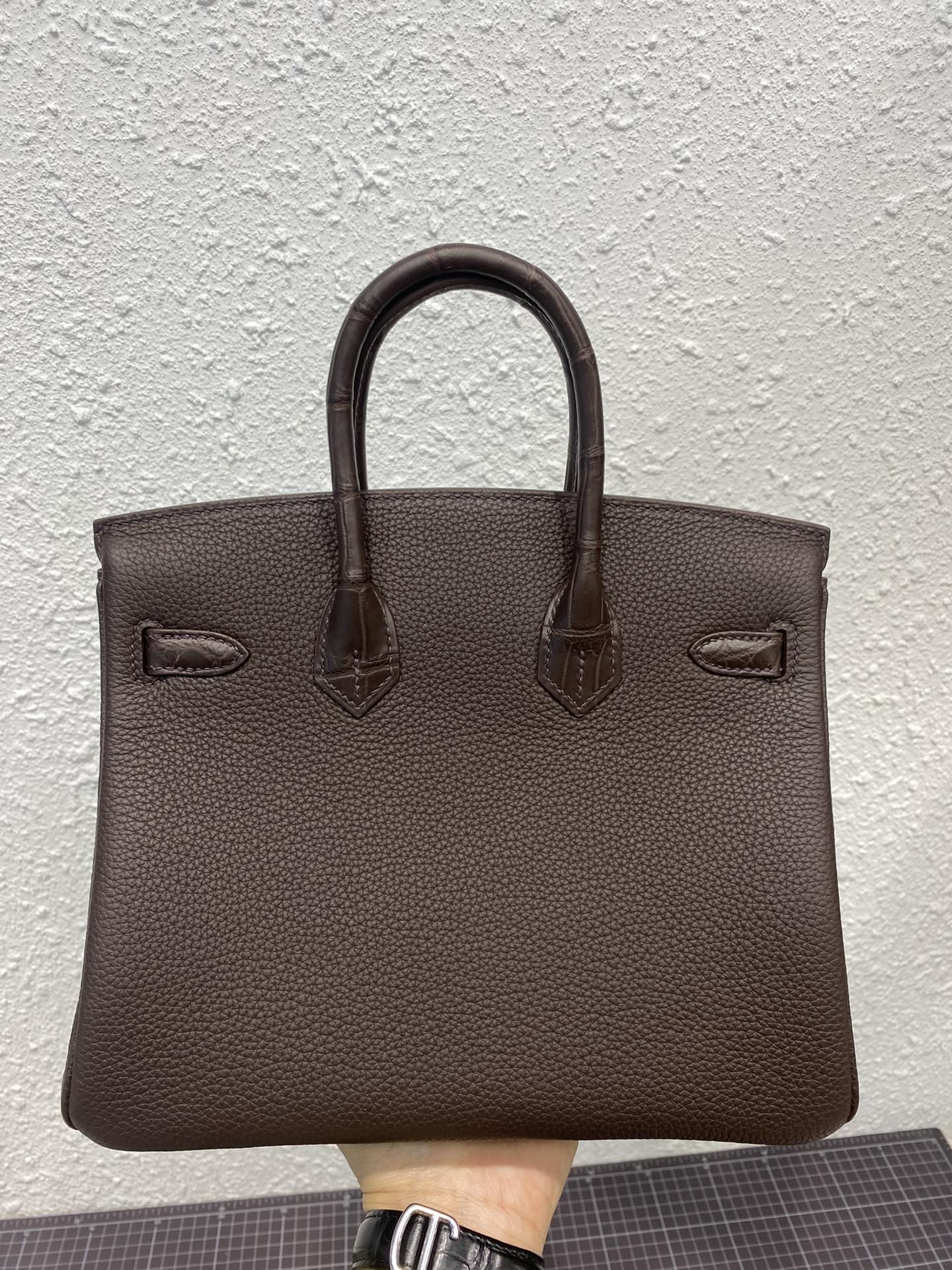 HERMES BIRKIN 25CM CAFE CROCODILE AND TOGO LEATHER SILVER HARDWARE