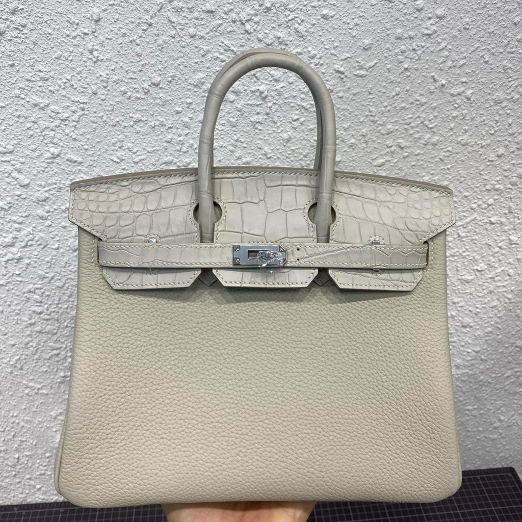 HERMES BIRKIN 25CM GRIS PERLE CROCODILE AND TOGO LEATHER SILVER HARDWARE