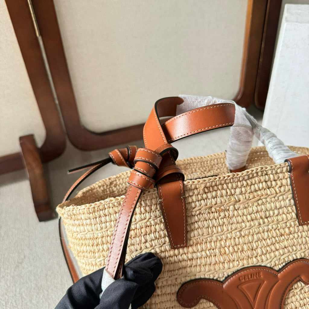 CELINE TEEN SUPPLE  CLASSIC PANIER IN RAFFIA AND CALFSKIN TAN
